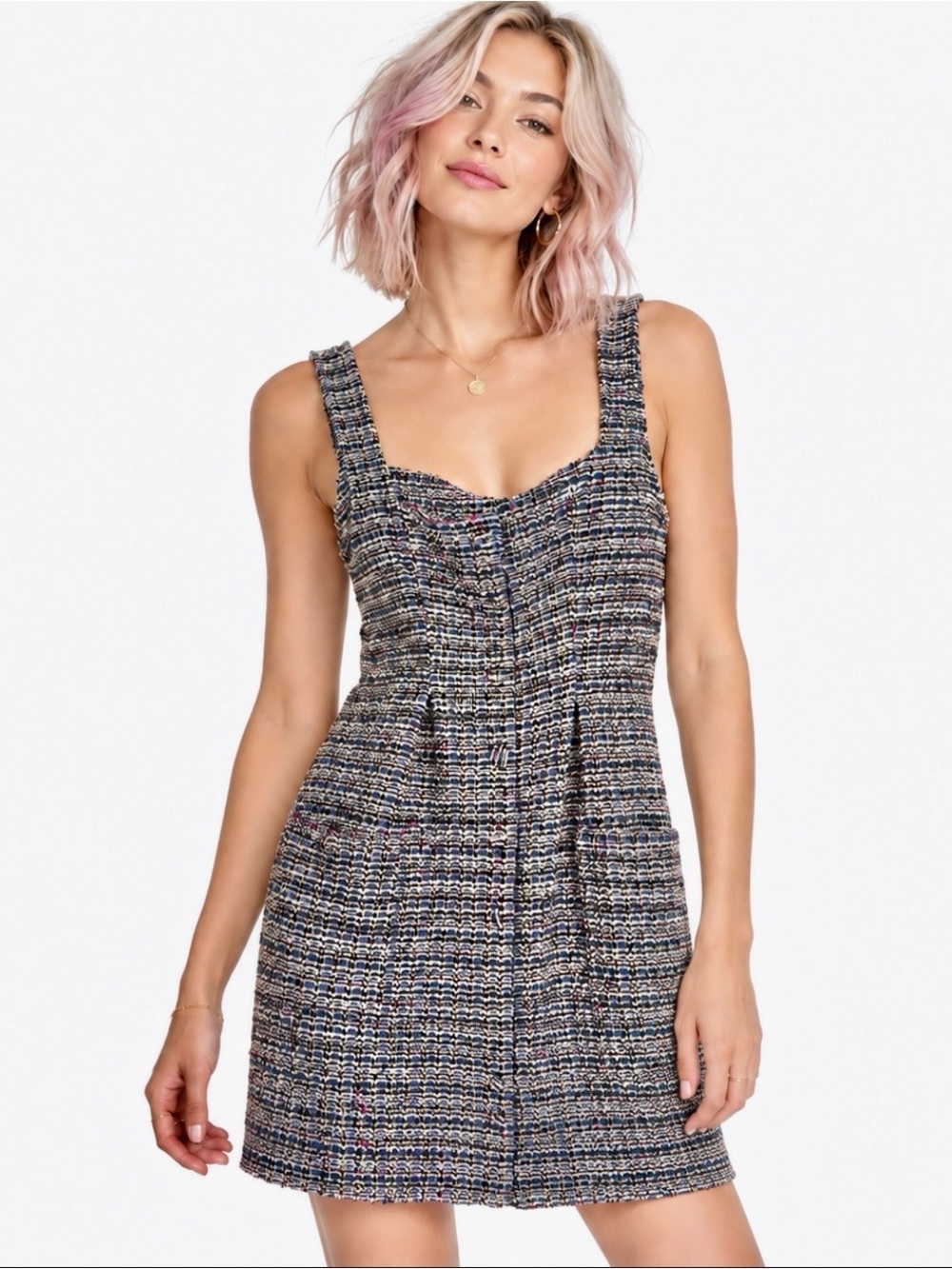 Free People Maxx Tweed Button Front Mini Dress Size L Multicolor Shift Jumper